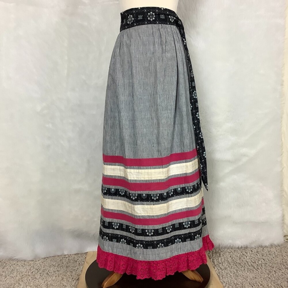 Vintage 60s 70s Peasant Striped Mixed Print Crochet Hem Maxi Skirt 6